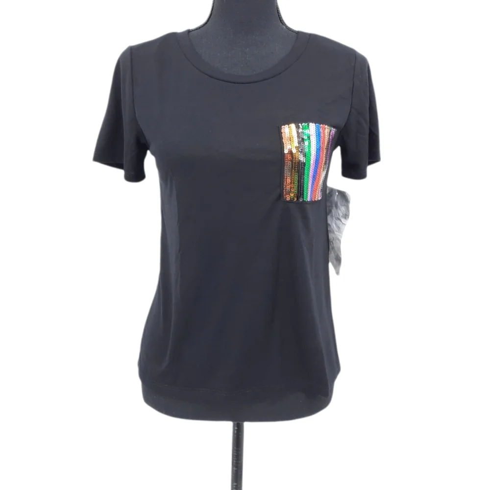 4/$25 NWT Crave Fame Black Rainbow Stripe Sequin Pocket Short Sleeve Tee L